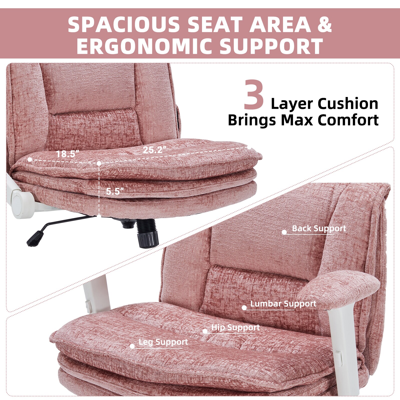 Criss Cross Chair With Wheels And Flip Arms, Upholstered Cross Legged Office Chair With 3 Layer Cushions&Dynamic Airbag Lumbar Support, Wide Seat Comfy Desk Chair For Home Office, Living Room, Pink_maomaolike.com